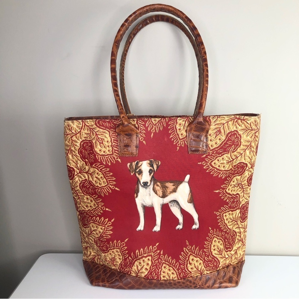 Clever Carriage Company Brown Croco Leather Scottie Dog Beagle Dog Tote Bag